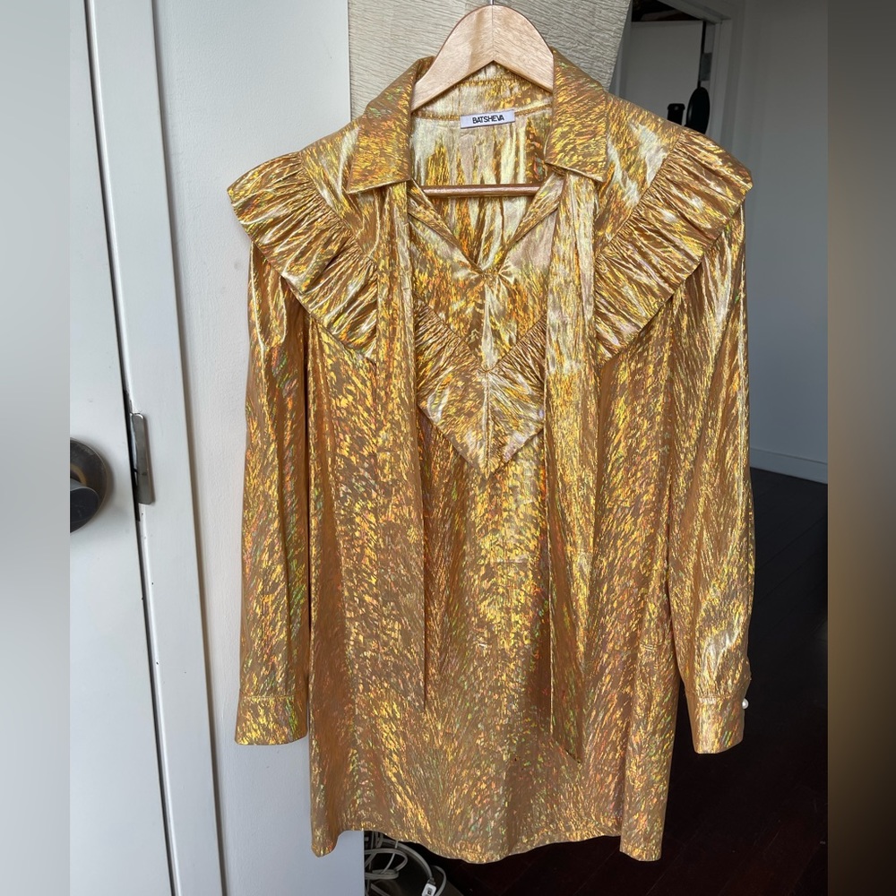 Batsheva Gold Holographic Lamé Mini Party Dress